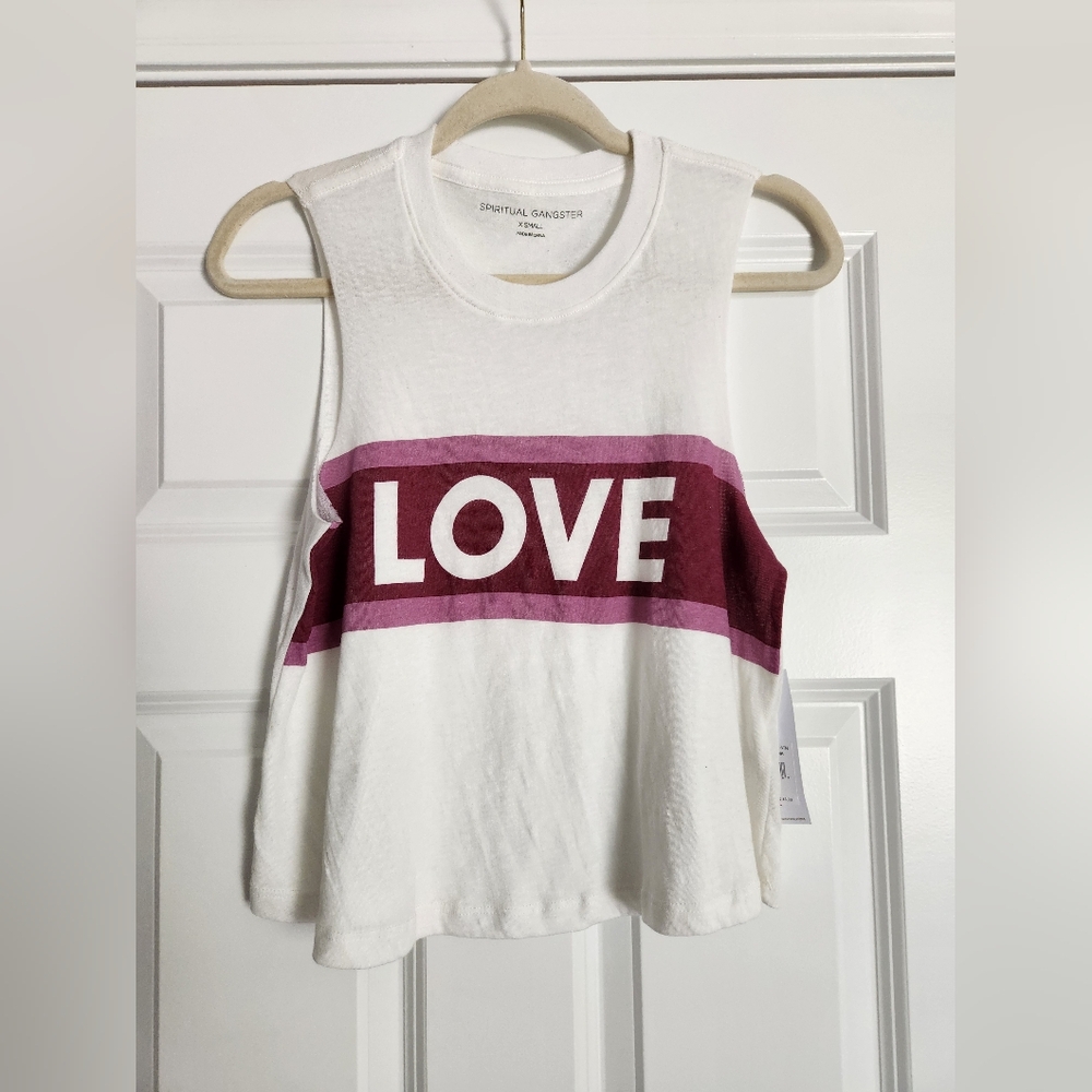 Spiritual Gangster White and Pink 'Love' Crop Tank Top